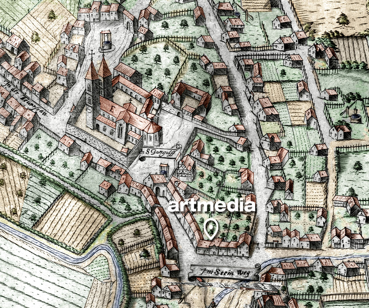 Farbig schraffierter Zweidler Stadtplan von 1602 von Bamberg. Der Ausschnitt um den Agentursitz von Artmedia ist zu sehen und markiert.